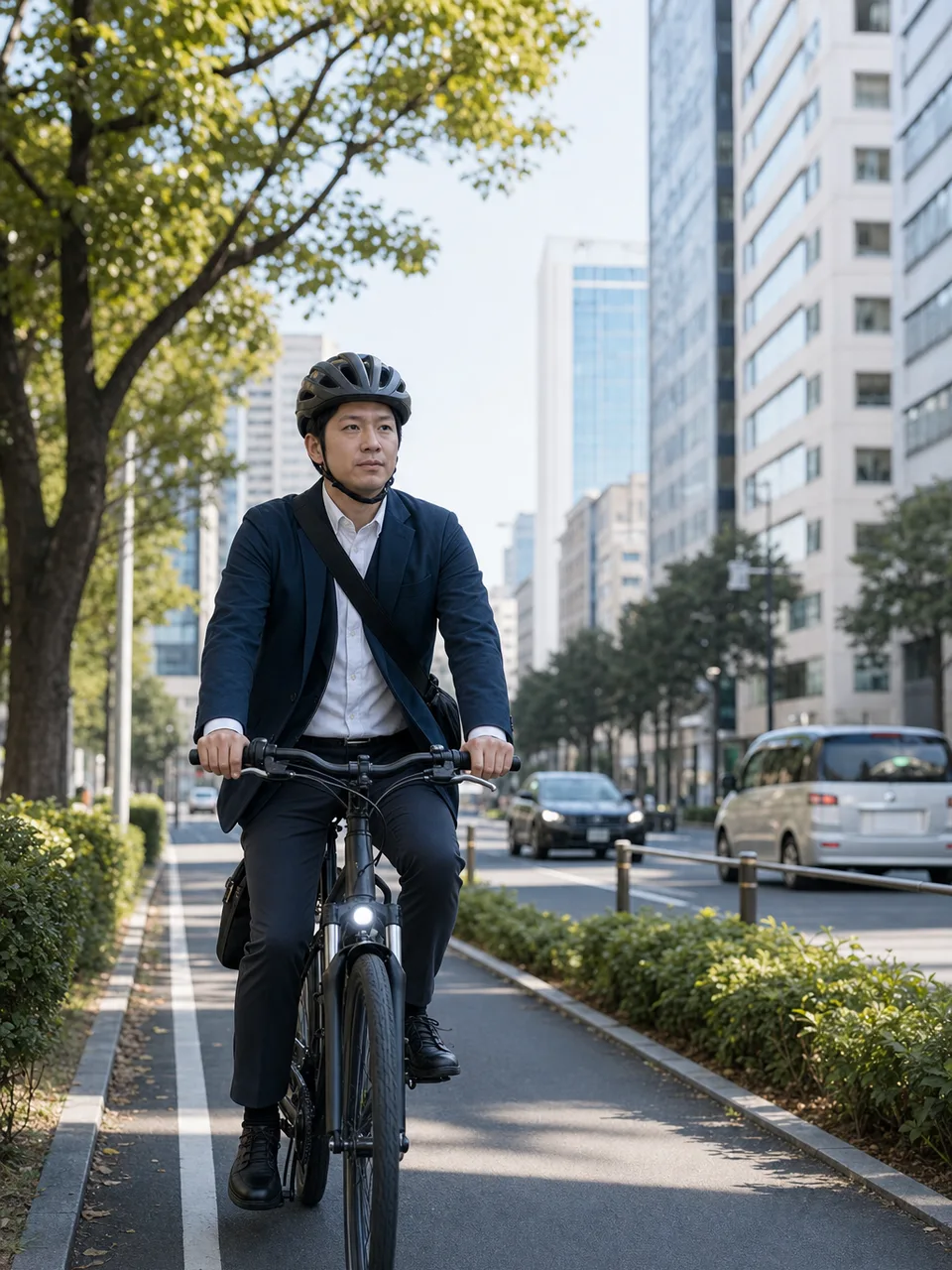 自転車で通勤する日本人会社員（自然な縦位置写真）。自転車通勤、健康、環境、都市交通の記事向け移動素材です。