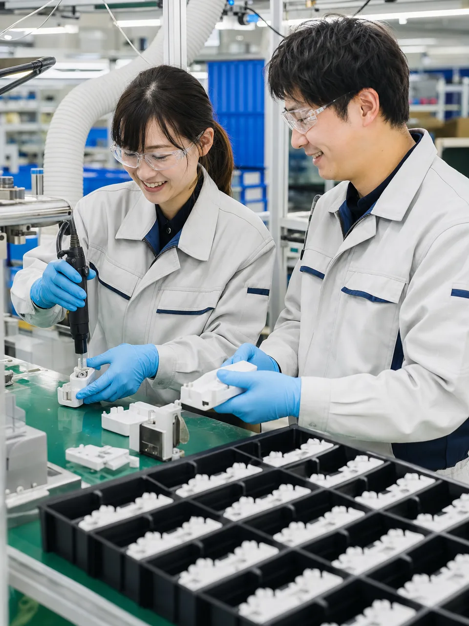 工場で組み立て作業をする日本人（自然な縦位置写真）。工場勤務、製造業、組み立て、ものづくりの記事向け素材です。