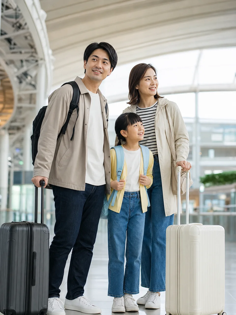 空港から旅行へ出発する日本人家族（自然な縦位置写真）。空港、海外旅行、家族旅行、旅行保険の記事に使える出発場面です。