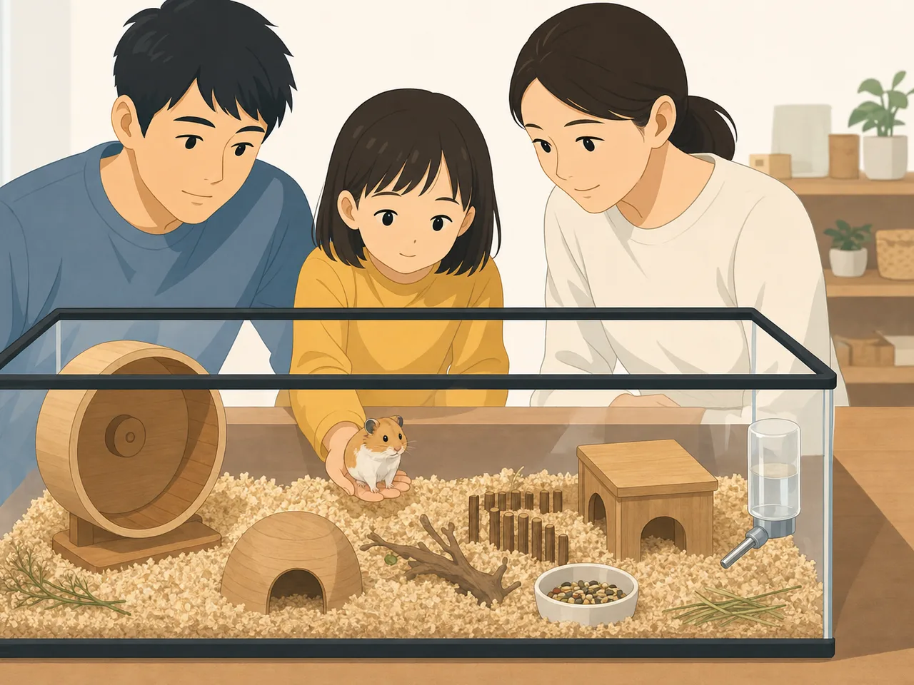 ハムスターを世話する日本人家族（フラットイラスト）。ハムスター、小動物、ペットケア、家族の記事向け素材です。