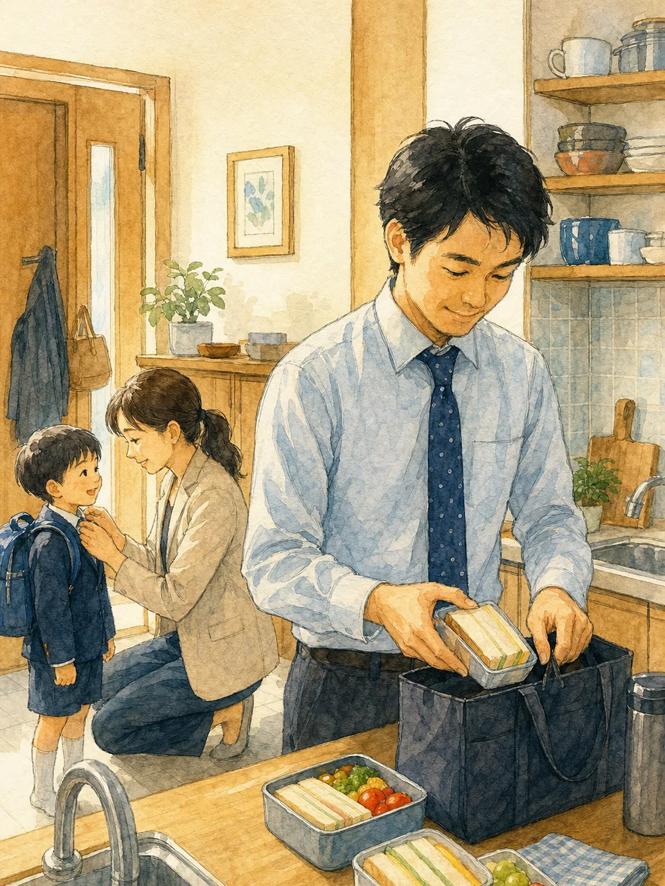 共働き家族の忙しい朝（手描き水彩）。共働き、家事分担、子育て支援、生活サービスに使える家庭素材です。