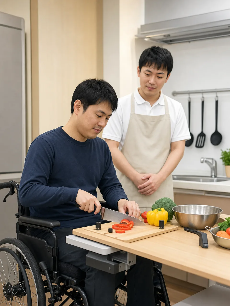 使いやすい台所で料理する日本人（自然な縦位置写真）。アダプティブキッチン、障害者、自立生活、調理支援の記事や案内に使える商用素材です。