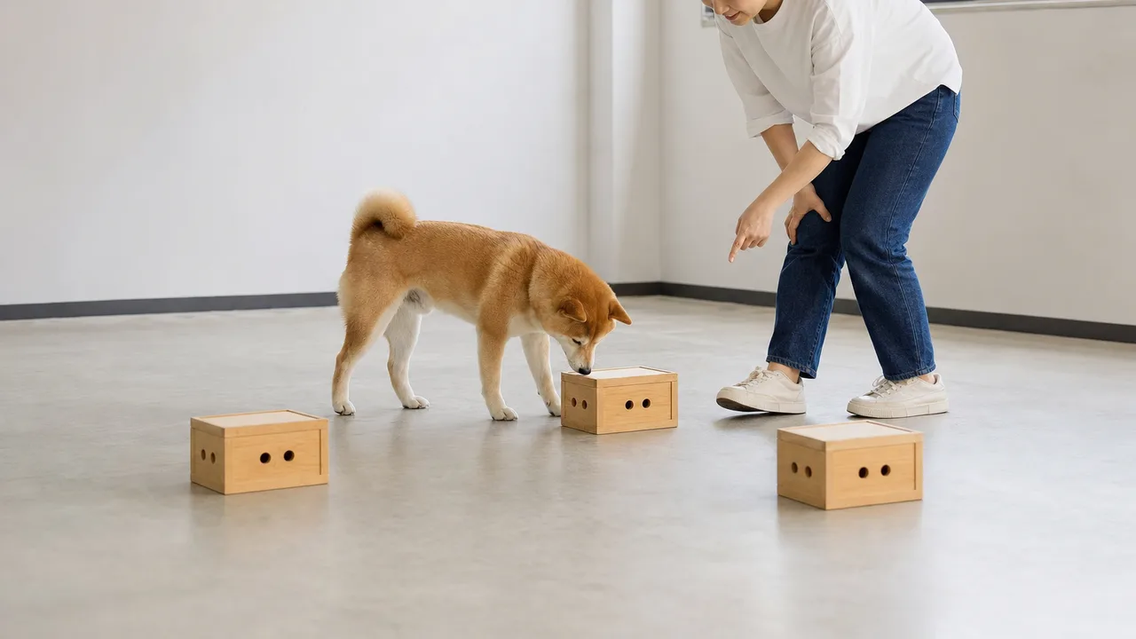 ノーズワークを楽しむ日本人と犬（横長・コピースペース）。ノーズワーク、犬、嗅覚遊び、ペットの記事や案内に使える商用素材です。