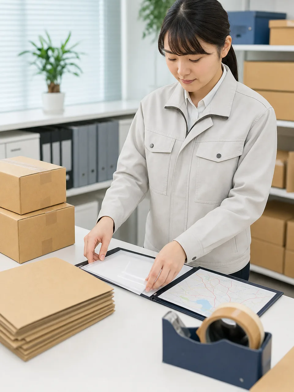 輸出手続きを準備する日本人担当者（自然な縦位置写真）。輸出手続き、貿易実務、国際物流、通関書類の記事や案内に使える商用素材です。