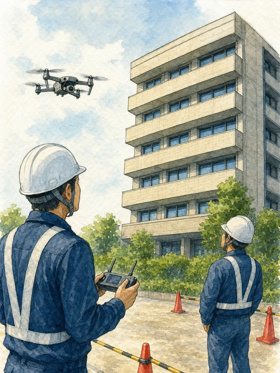 ドローンで建物を点検する日本人技術者（手描き水彩）。ドローン、建物点検、インフラ保守、DXの記事向け技術素材です。
