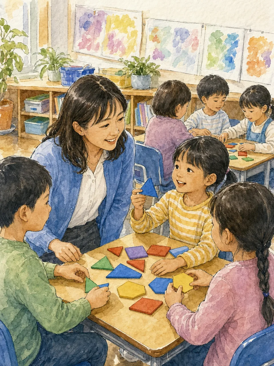 授業を支える日本人小学校教師（手描き水彩）。小学校教師、授業、学校教育、児童の学びの記事向け素材です。