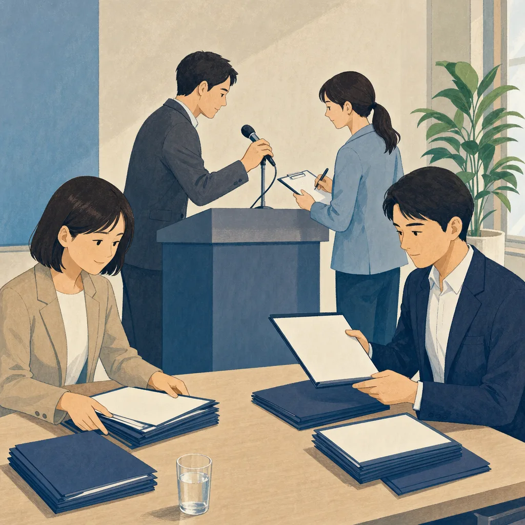 発表準備をする日本人広報担当者（編集記事向け）。広報担当者、プレス対応、情報発信、企業広報の記事向け素材です。