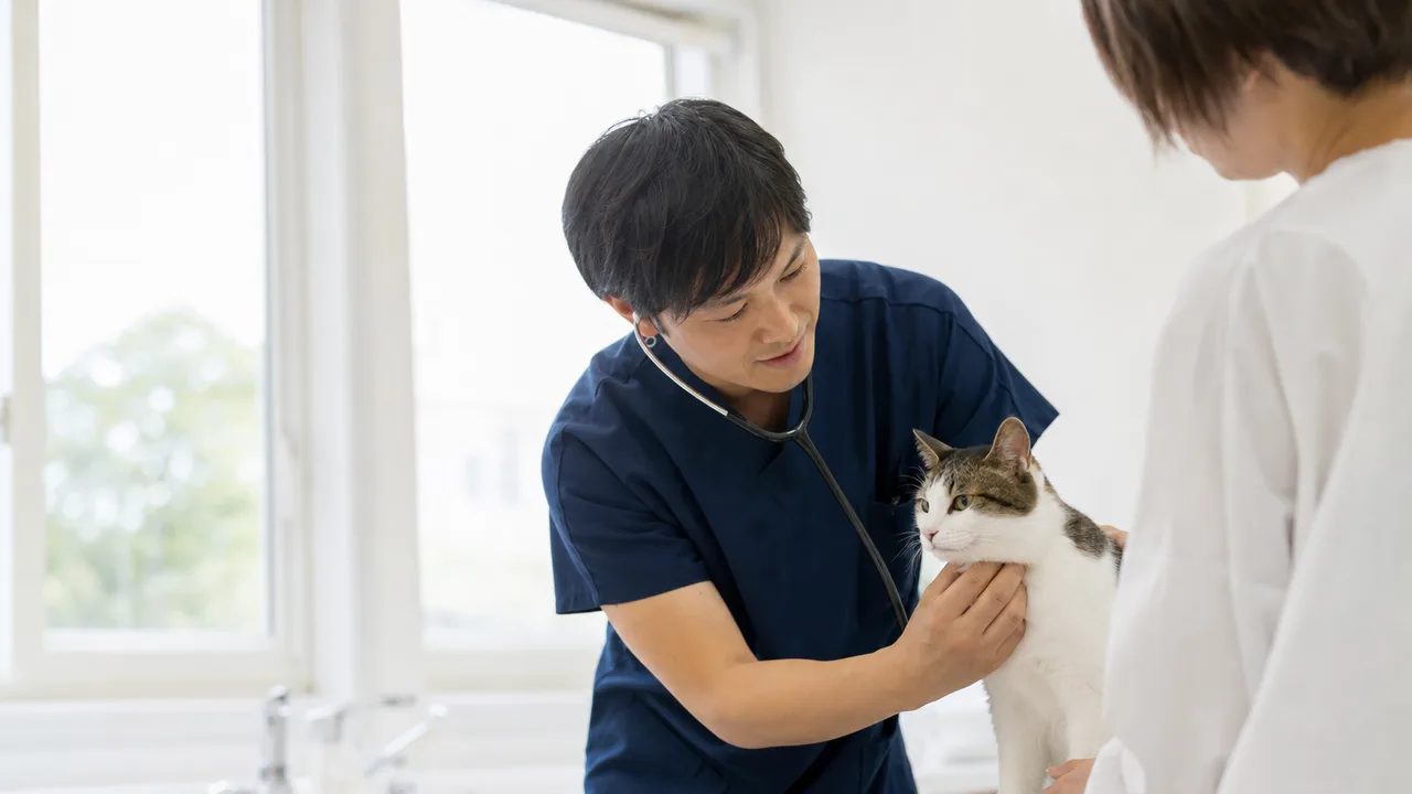 動物病院で診察を受ける猫（横長・コピースペース）。ペット医療、保険、飼育情報の記事に使える、獣医師と猫と飼い主の素材です。