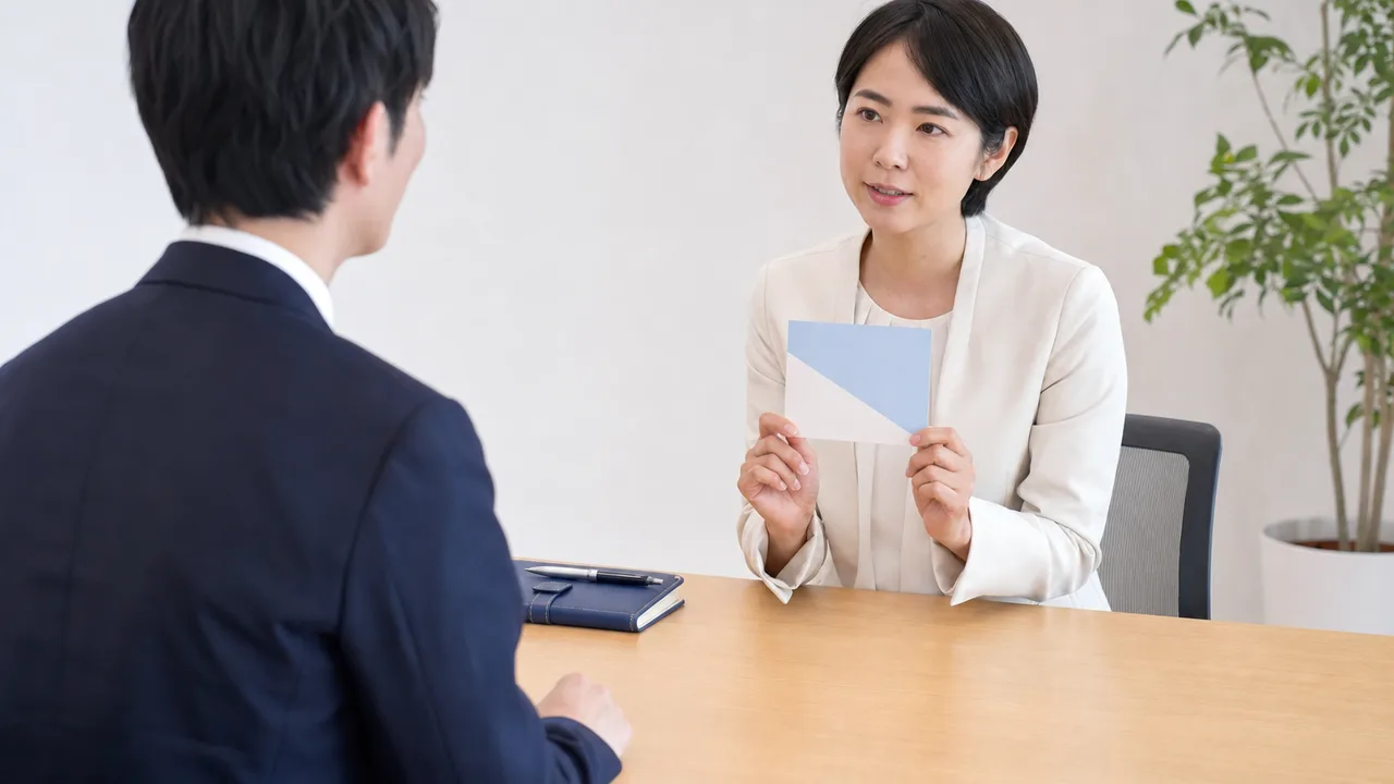 産業保健面談を受ける日本人会社員（横長・コピースペース）。産業保健、産業医面談、職場の健康、メンタルヘルスの記事や案内に使える商用素材です。