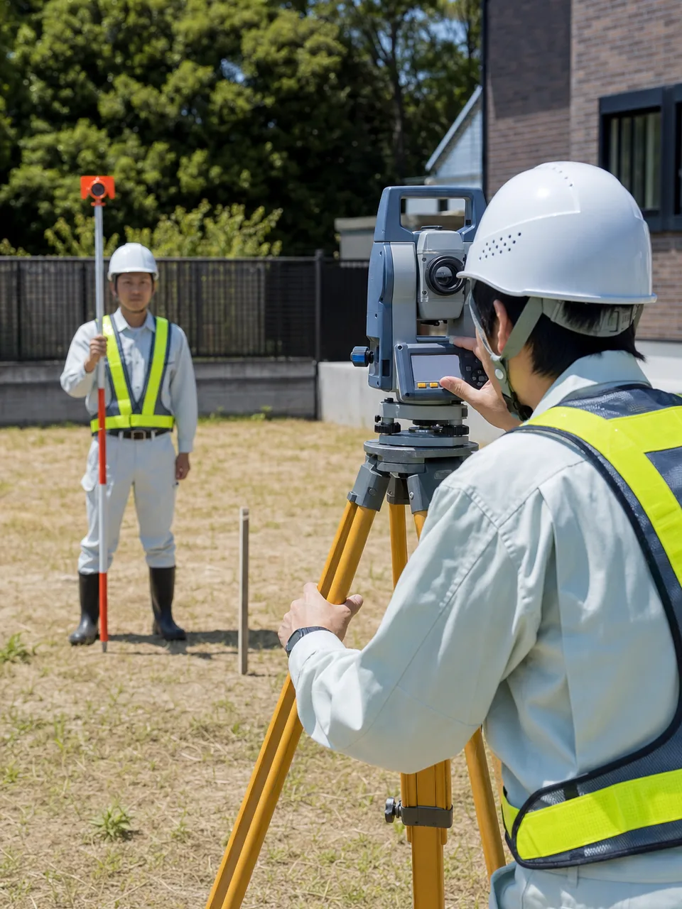 土地を測量する日本人測量士（自然な縦位置写真）。測量士、土地測量、測量、建設の記事や案内に使える商用素材です。