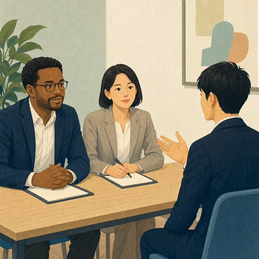 就職面接に臨む日本人求職者（編集記事向け）。就職面接、採用、求職者、対話の記事向け素材です。