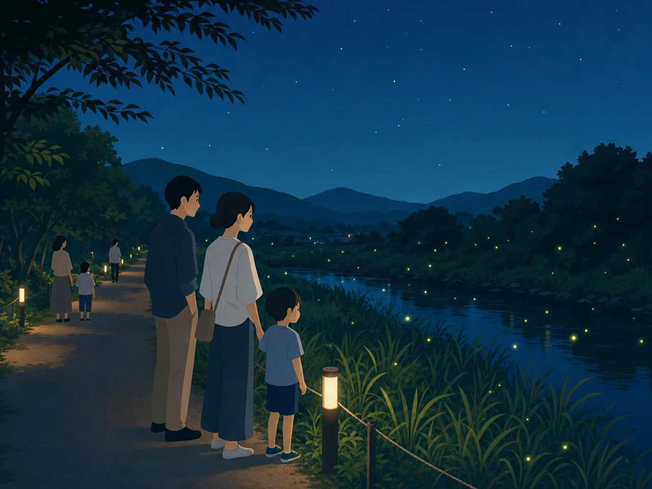 ホタルの生息地を観察する日本人（フラットイラスト）。ホタル、蛍、自然観察、初夏の記事や案内に使える商用素材です。