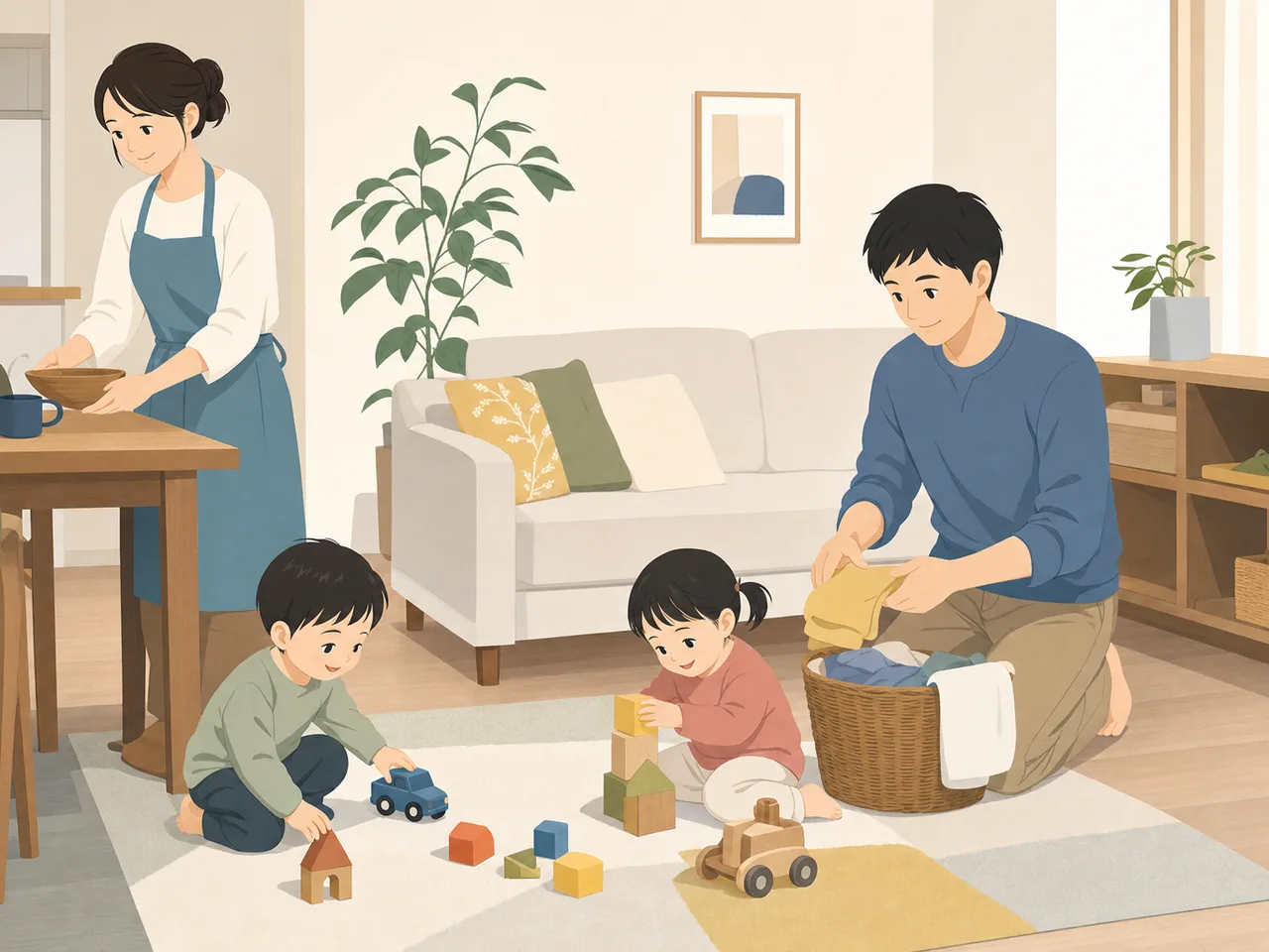 双子を育てる日本人家族（フラットイラスト）。双子、育児、子育て、家族の日常を伝える記事向け素材です。