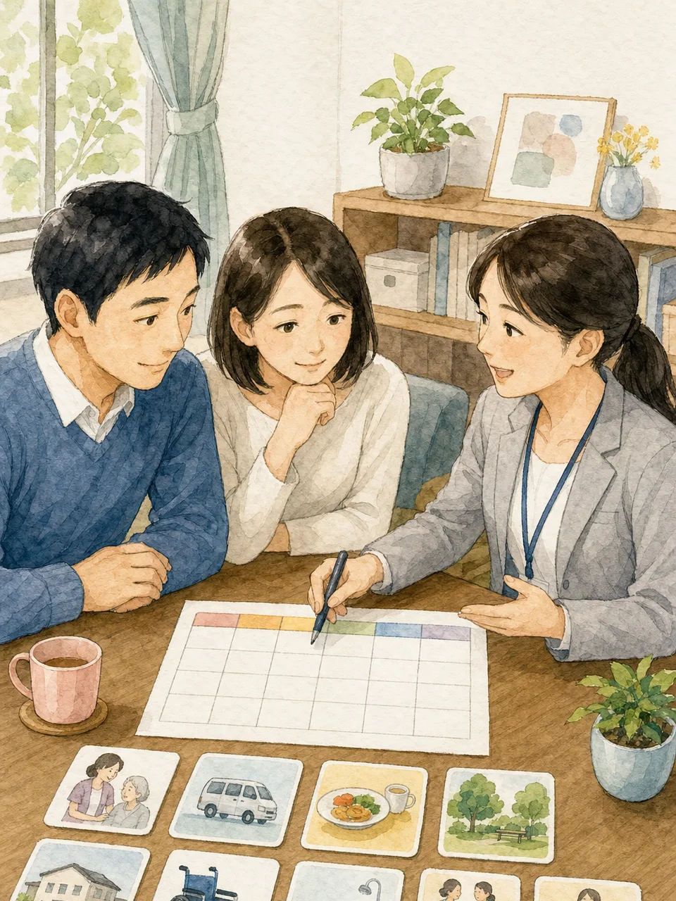 介護者の休息を計画する日本人家族（手描き水彩）。介護者支援、レスパイト、家族介護、介護相談の記事や案内に使える商用素材です。