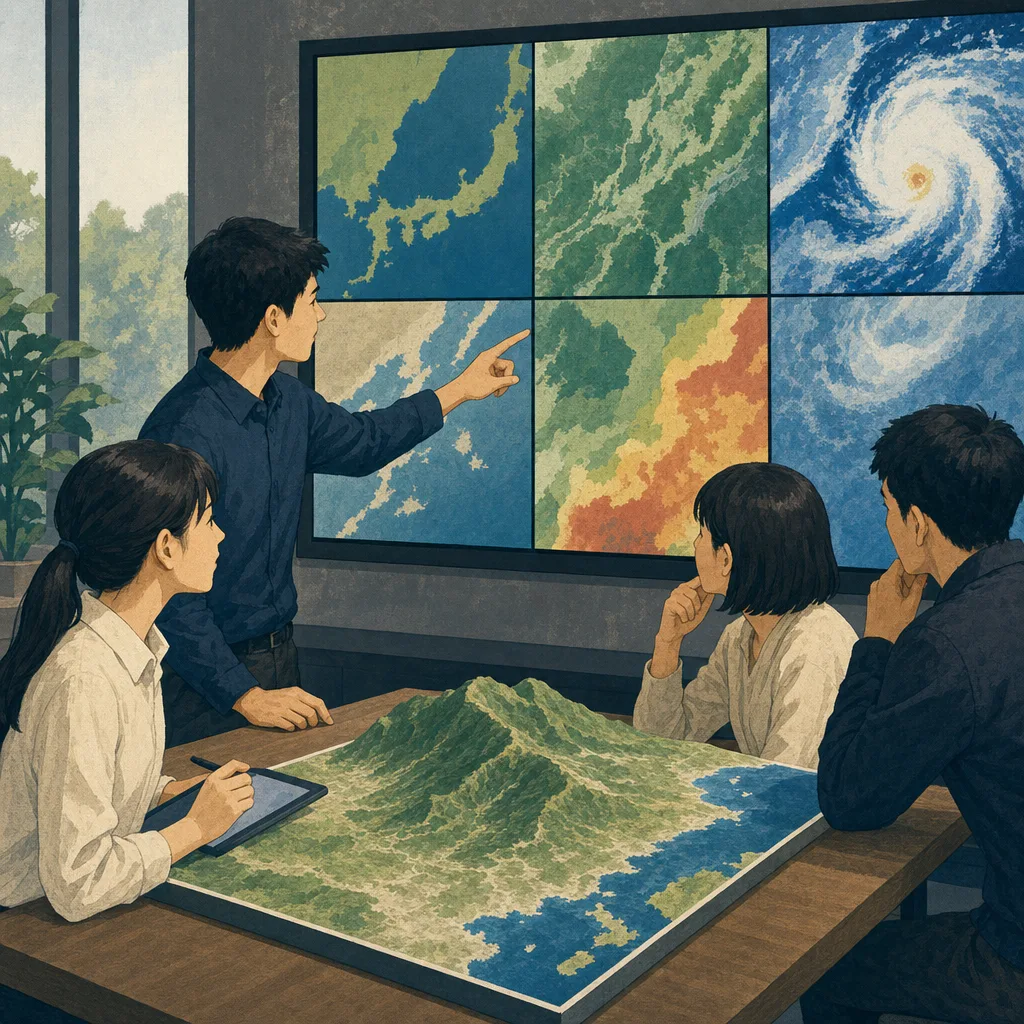 衛星データを分析する日本人研究者（編集記事向け）。衛星データ、リモートセンシング、地理空間情報、データ分析の記事や案内に使える商用素材です。