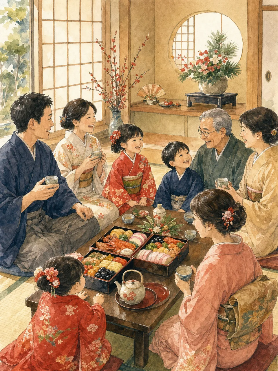 三世代家族で迎えるお正月（手描き水彩）。新年の挨拶や家族向け企画に使える、日本の三世代家族のお正月素材です。