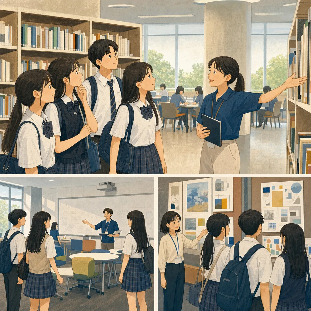 オープンキャンパスを見学する日本人高校生（編集記事向け）。オープンキャンパス、大学選び、高校生、進路の記事向け素材です。