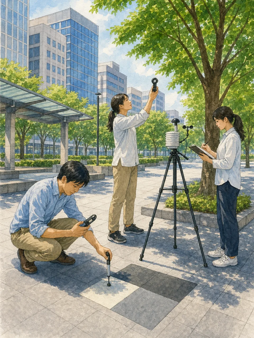 都市の暑さを測る日本人調査員（手描き水彩）。ヒートアイランド、暑さ対策、都市環境、気温測定の記事や案内に使える商用素材です。