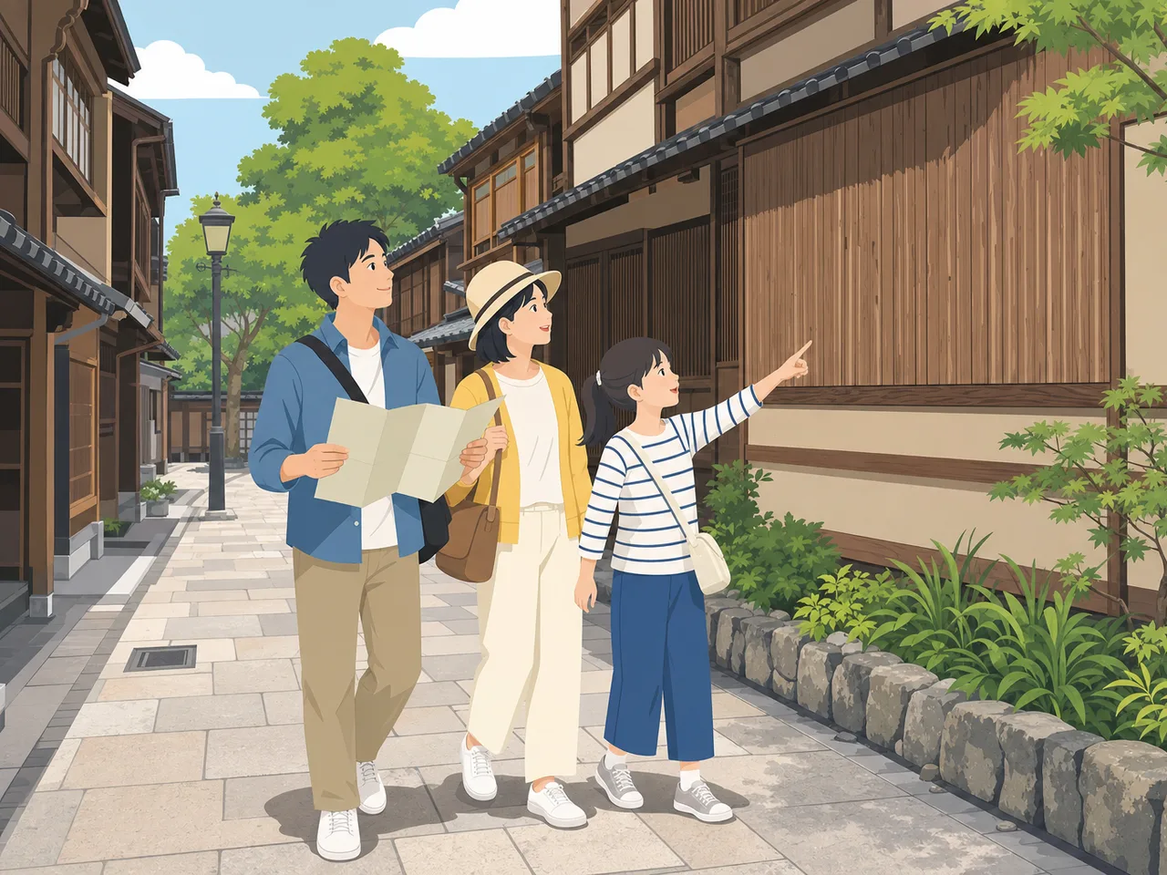金沢の街並みを楽しむ日本人旅行者（フラットイラスト）。金沢、北陸旅行、歴史的街並み、街歩きの記事向け素材です。
