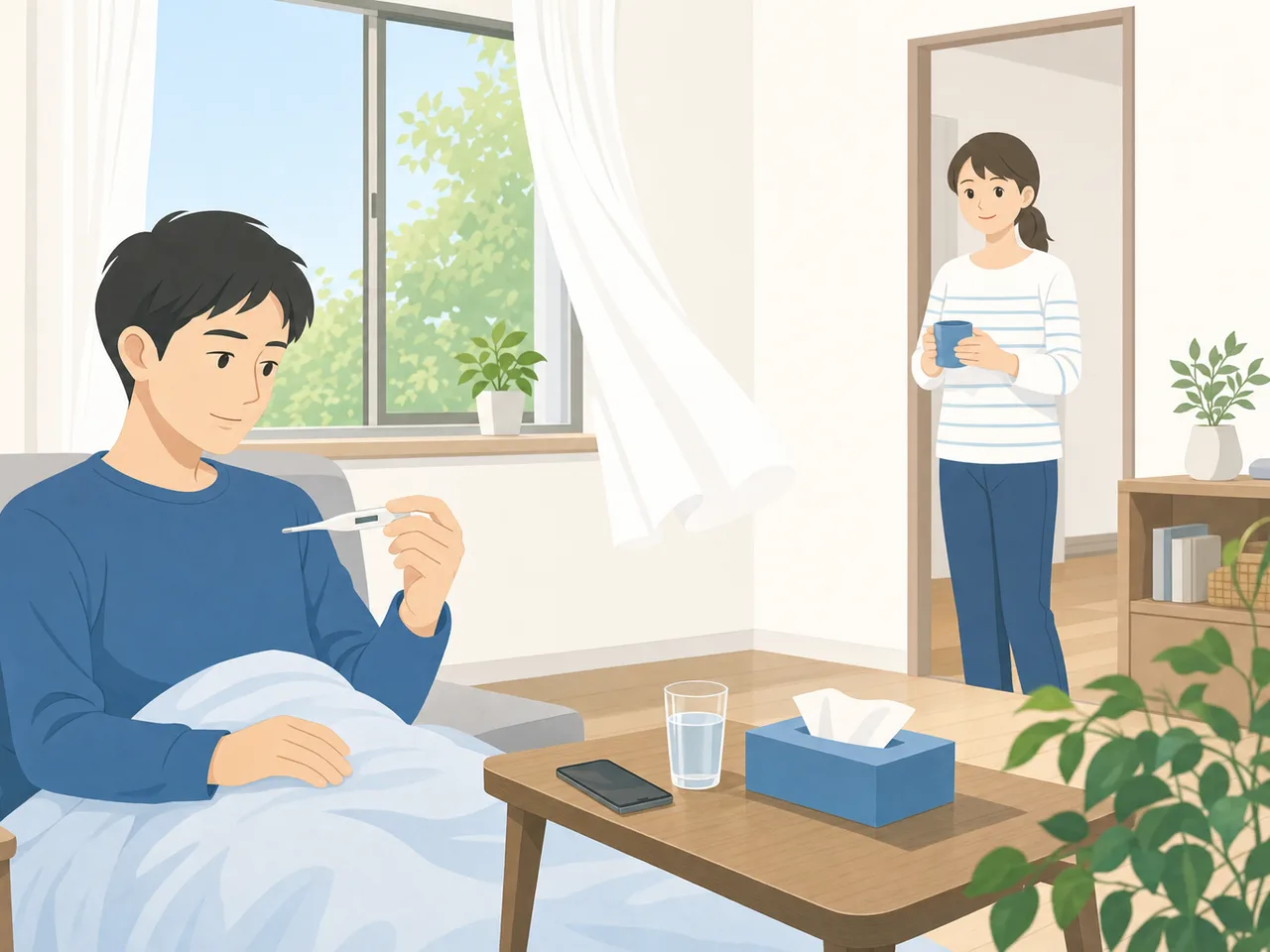 発熱時に自宅で休む日本人（フラットイラスト）。発熱、体調不良、自宅療養、セルフケアの記事向け素材です。