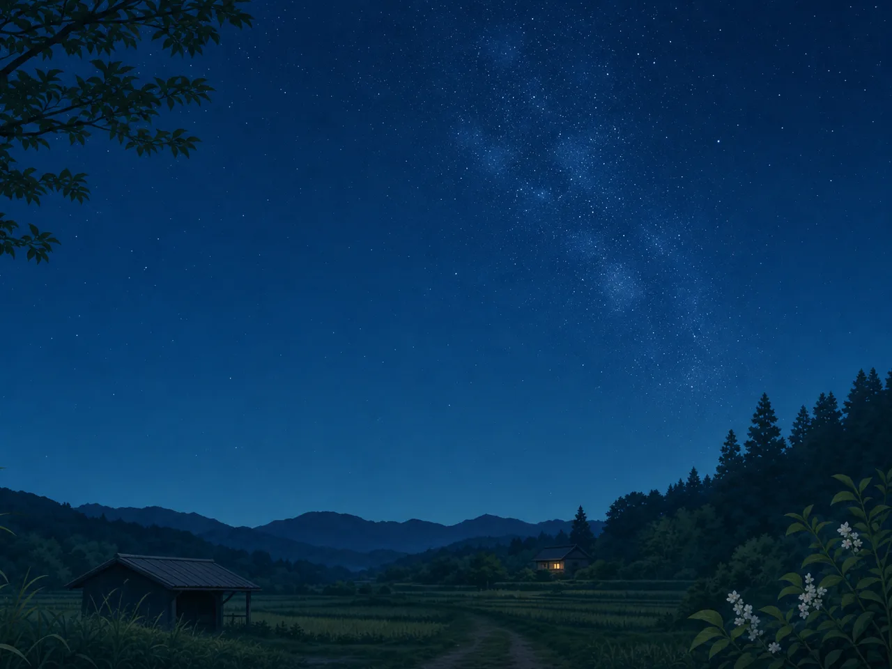 日本の里山に広がる星空（フレームイラスト）。星空、夜空、里山、自然背景のデザインに使える素材です。