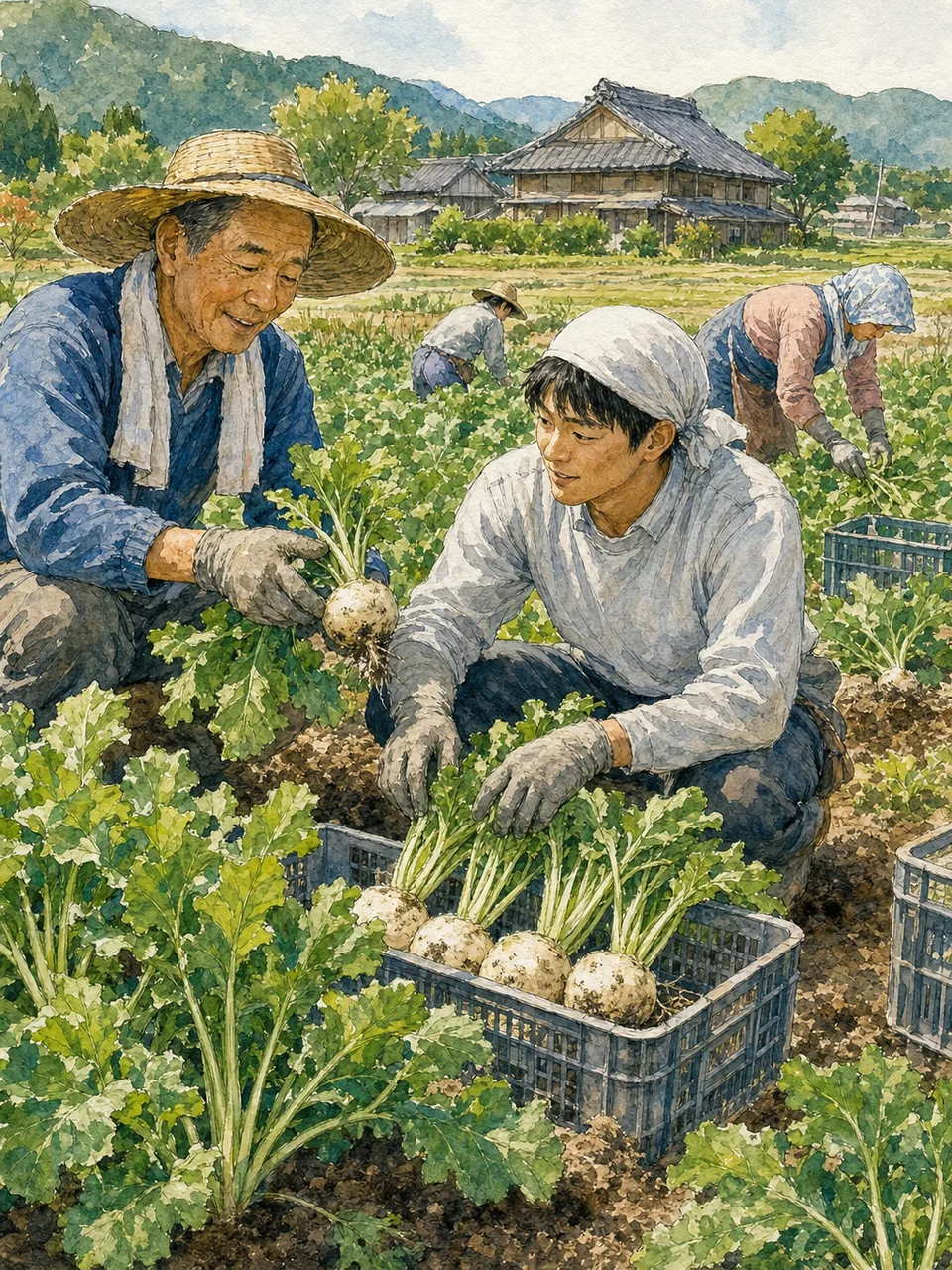 野菜を収穫する日本の農家（手描き水彩）。農業、地産地消、一次産業、食育の記事に使える収穫素材です。