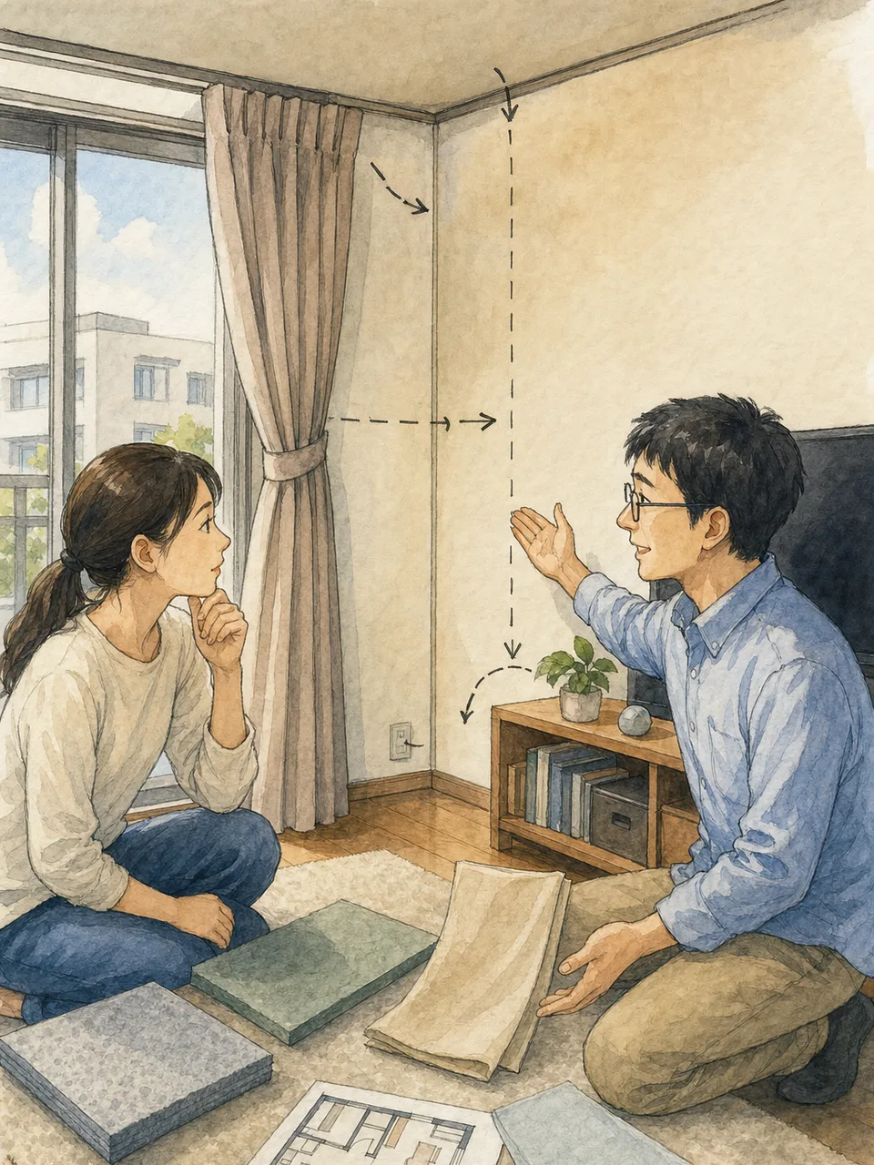 マンションの防音を相談する日本人（手描き水彩）。マンション防音、生活音、住宅改善、集合住宅の記事向け素材です。