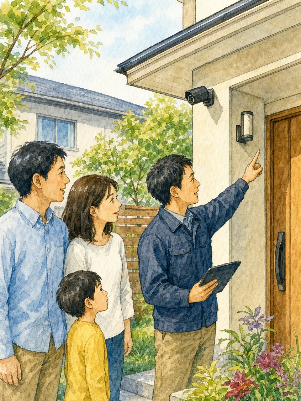 住宅防犯を確認する日本人家族（手描き水彩）。住宅防犯、防犯カメラ、戸締まり、住まいの安全の記事向け素材です。