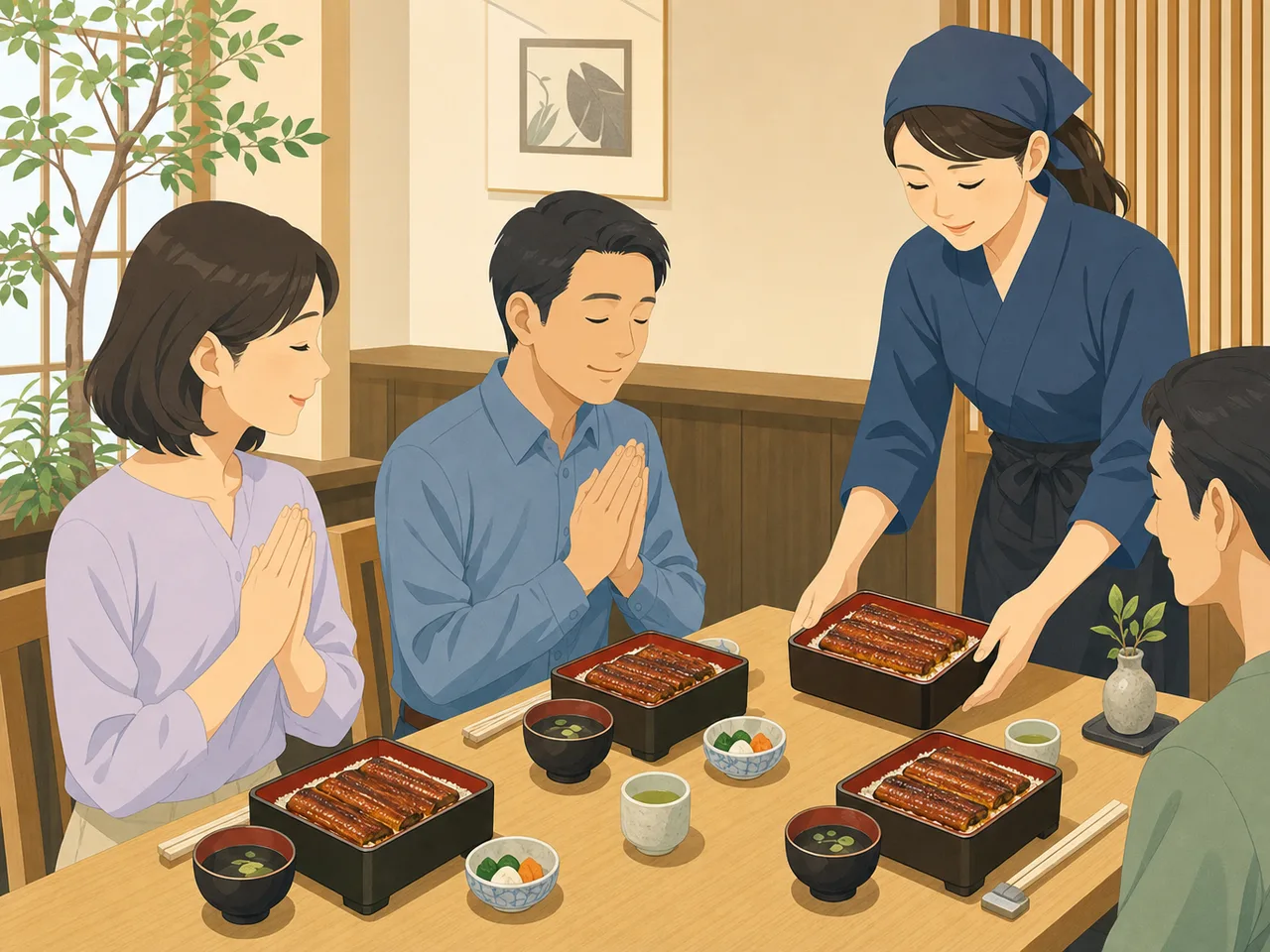 うなぎ料理を味わう日本人（フラットイラスト）。うなぎ、鰻重、和食、夏の食文化の記事向け素材です。