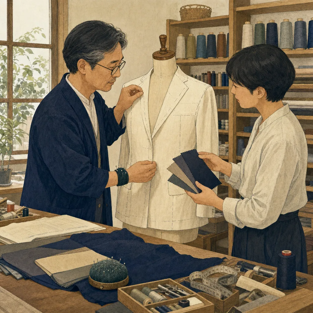 服を仕立てる日本人の洋裁職人（編集記事向け）。仕立て屋、洋裁、縫製、ものづくりの記事向け素材です。