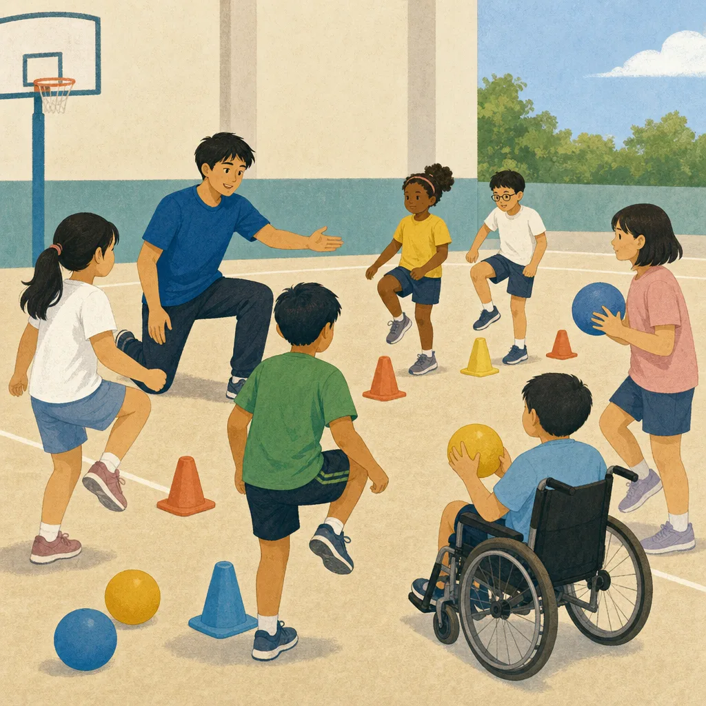 子どもの運動を支える日本人スポーツ指導者（編集記事向け）。スポーツ指導者、子どもスポーツ、運動教室、コーチの記事や案内に使える商用素材です。