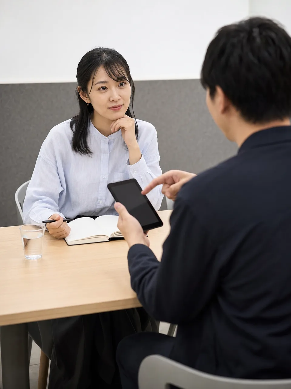利用者調査をする日本人UXリサーチャー（自然な縦位置写真）。UXリサーチ、ユーザーインタビュー、利用者調査、サービス開発の記事や案内に使える商用素材です。