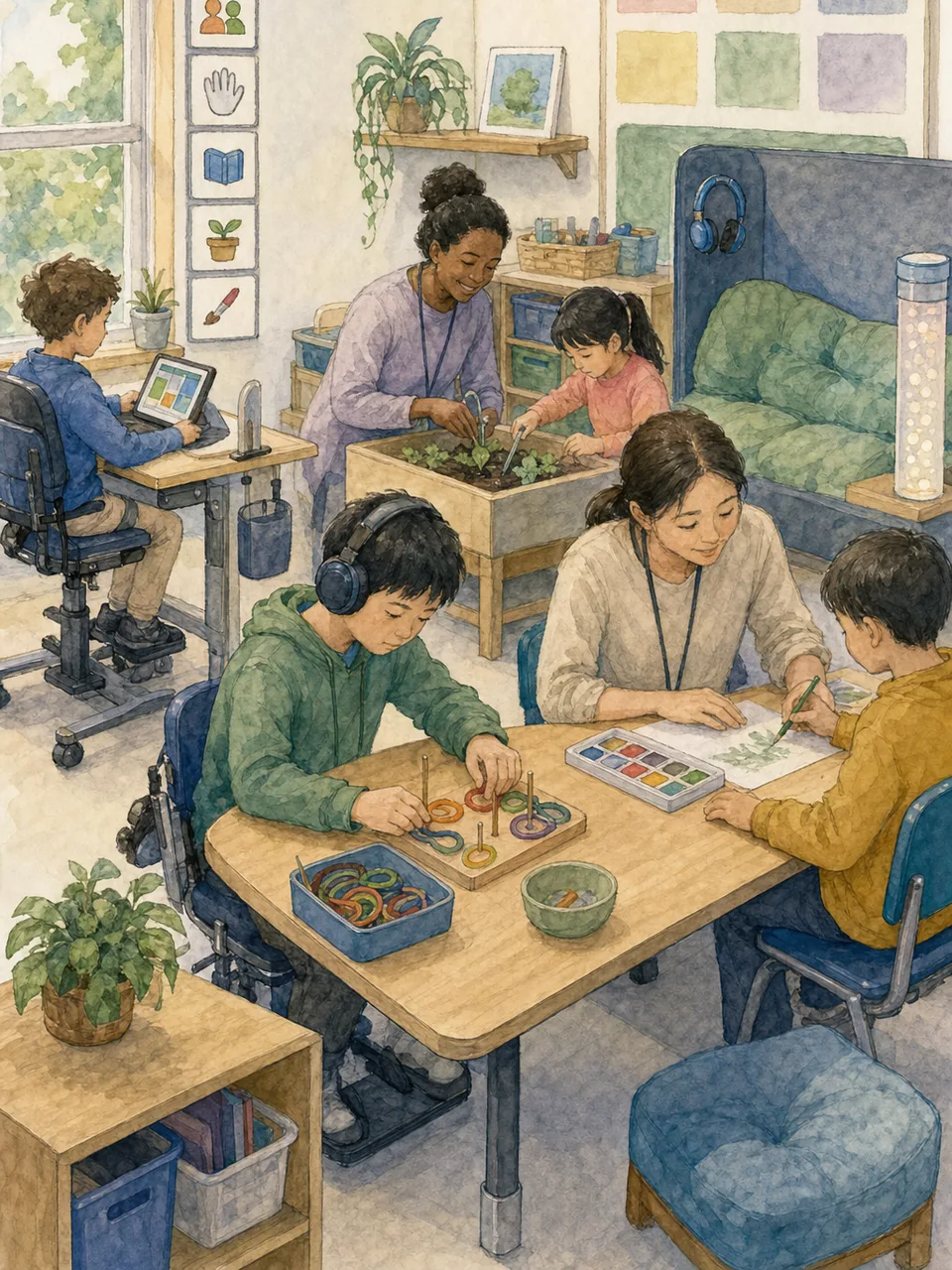 特別支援学校で学ぶ日本人の生徒（手描き水彩）。特別支援学校、個別支援、学習、インクルーシブ教育の記事向け素材です。