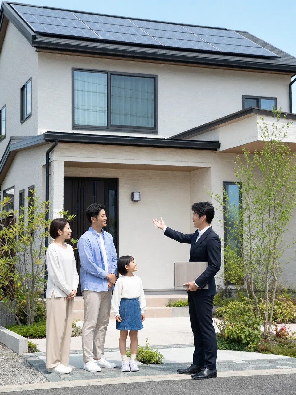 太陽光発電を備えた省エネ住宅（自然な縦位置写真）。省エネ住宅、太陽光発電、脱炭素、住宅設備の記事向け素材です。