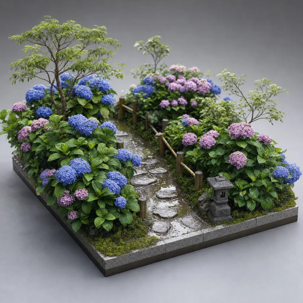 梅雨に咲く日本のあじさい園（立体ディスプレイ）。あじさい園、紫陽花、梅雨、花の風景向け素材です。