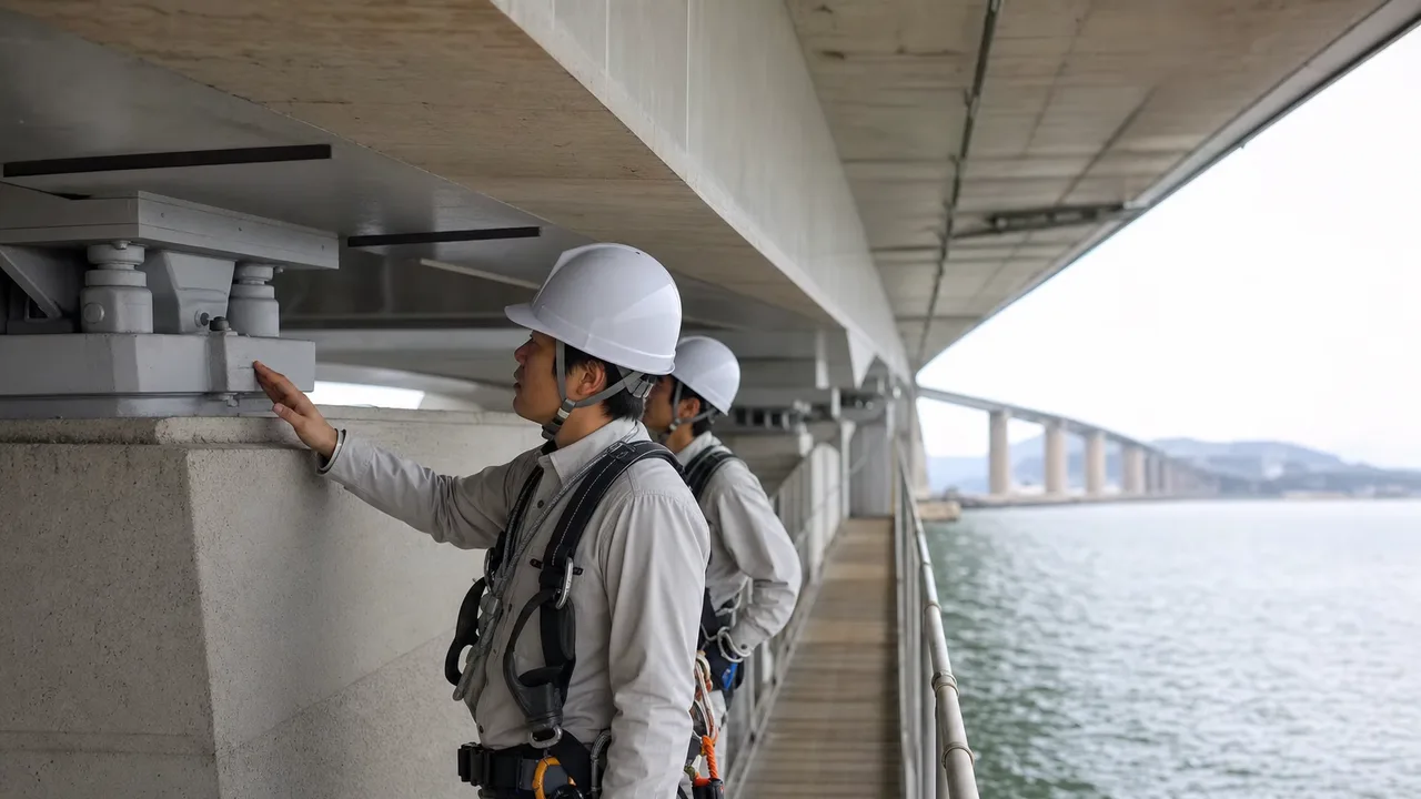 橋梁を点検する日本人土木技術者（横長・コピースペース）。橋梁点検、土木技術者、インフラ点検、橋の記事や案内に使える商用素材です。