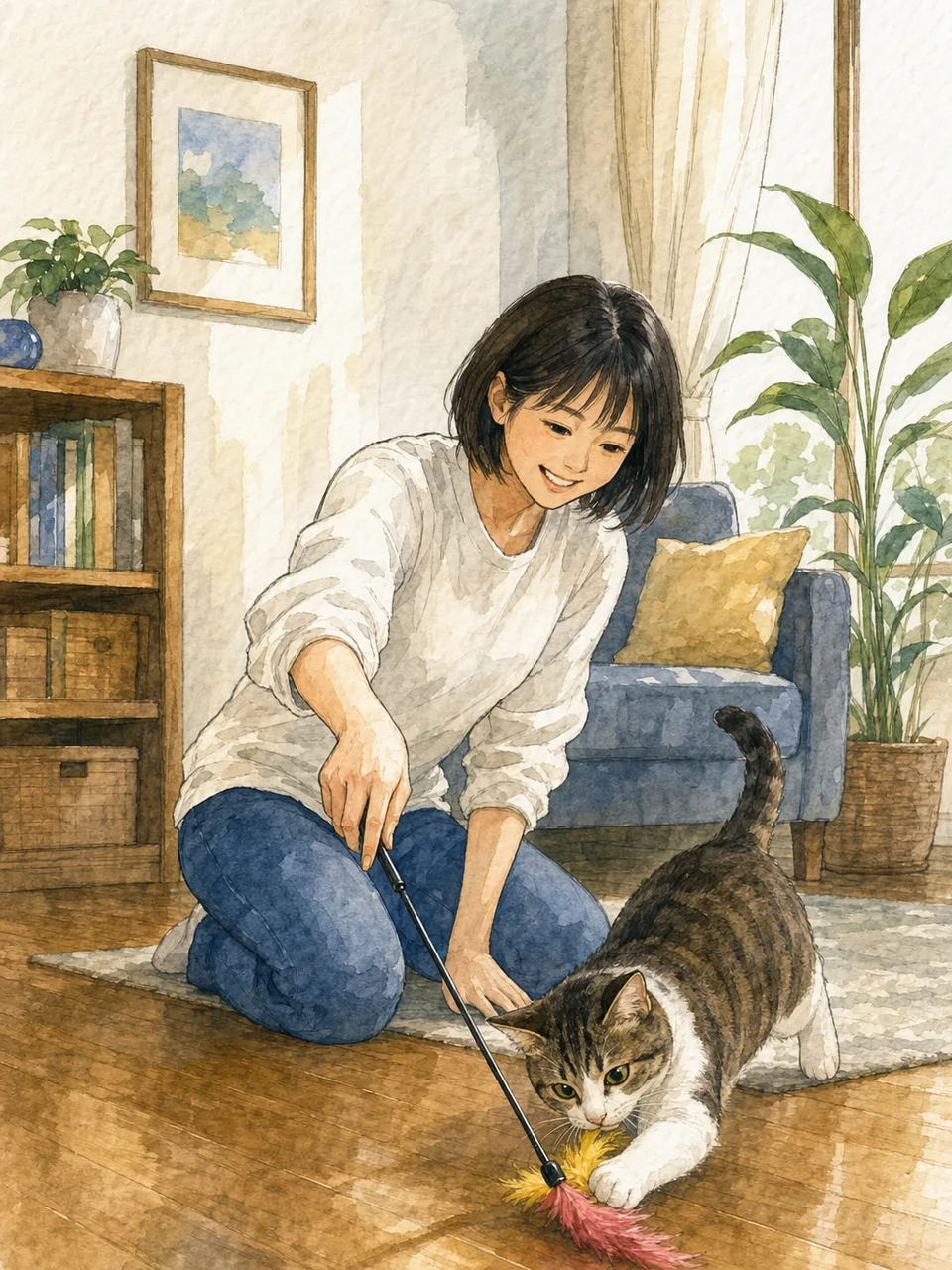 おもちゃで遊ぶ日本人と猫（手描き水彩）。猫のおもちゃ、遊び、ペット、室内飼育の記事向け素材です。