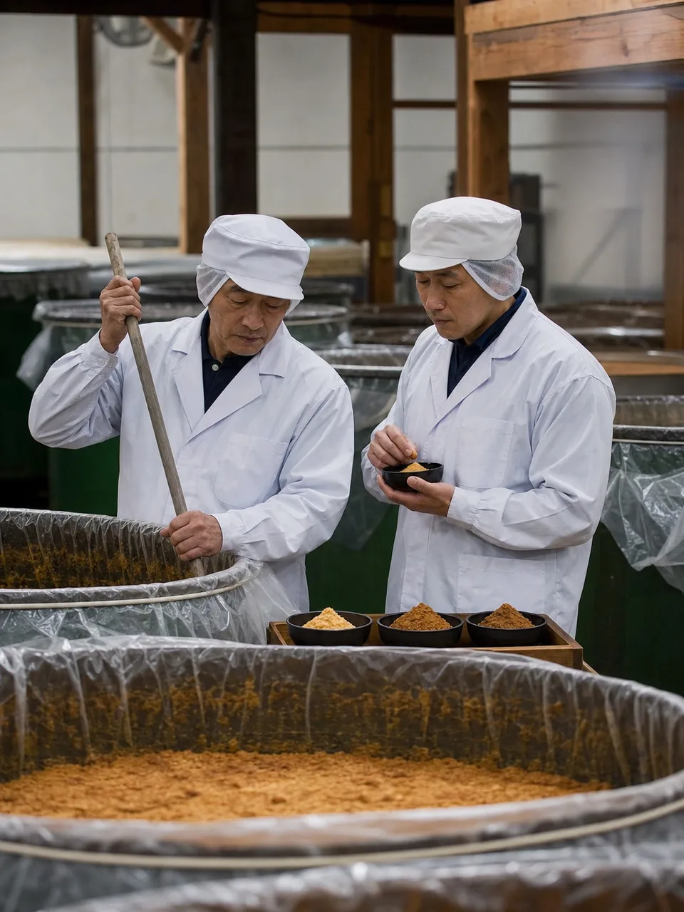 味噌蔵で発酵を管理する日本人（自然な縦位置写真）。味噌蔵、味噌作り、発酵食品、食品製造の記事や案内に使える商用素材です。