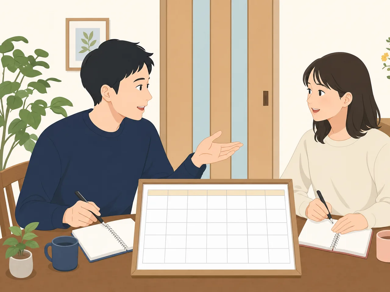 家族の役割を話し合う日本人の成人きょうだい（フラットイラスト）。成人きょうだい、兄弟姉妹、家族会議、協力の記事向け素材です。