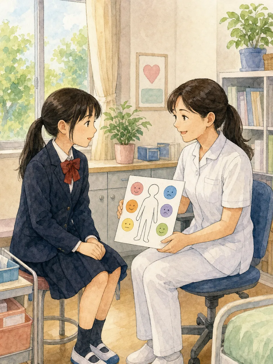 保健室で相談する日本人の生徒（手描き水彩）。保健室、養護教諭、健康相談、生徒の記事や案内に使える商用素材です。