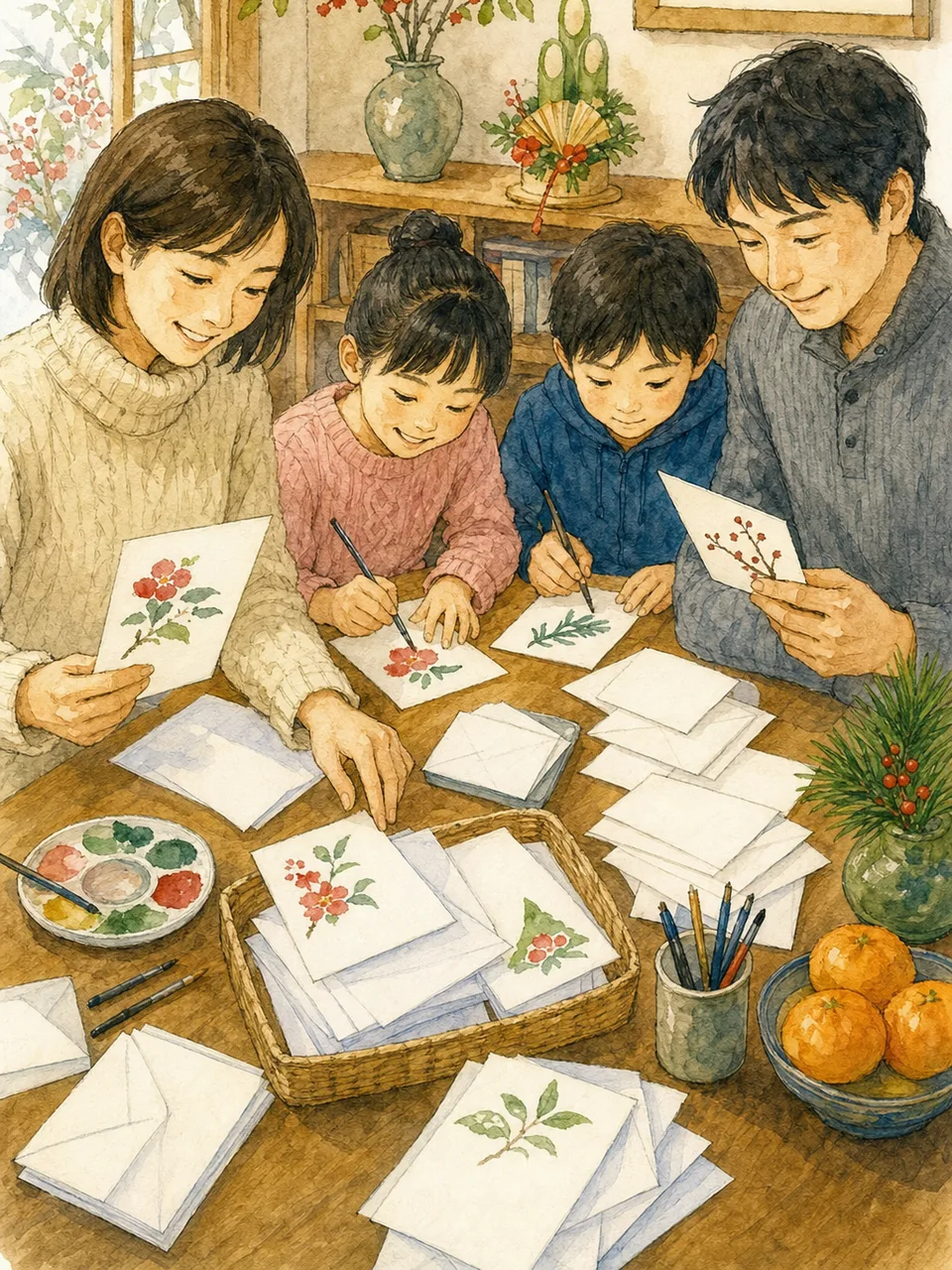 年賀状を準備する日本人家族（手描き水彩）。年賀状、年末、挨拶、家族行事の記事向け素材です。
