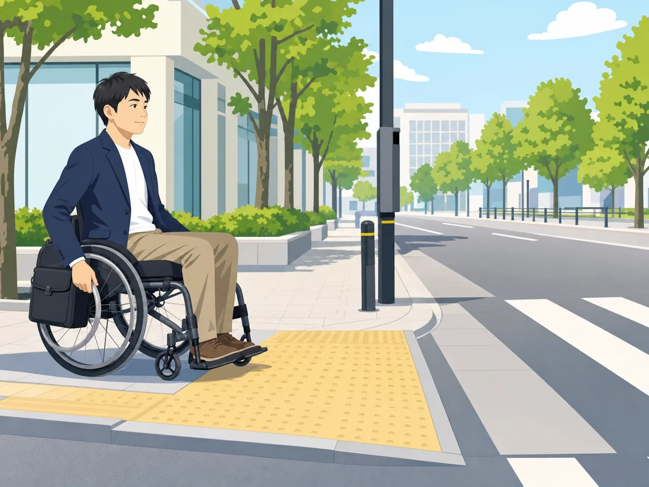 車いすで通勤する日本人（フラットイラスト）。車いす通勤、車椅子、バリアフリー、会社員の記事や案内に使える商用素材です。