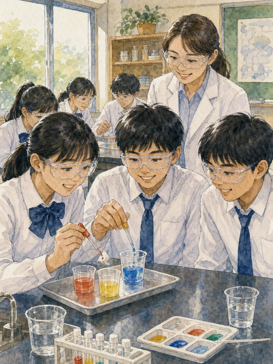 科学実験に取り組む日本人の生徒（手描き水彩）。科学実験、理科教育、探究学習、学校の記事に使える素材です。
