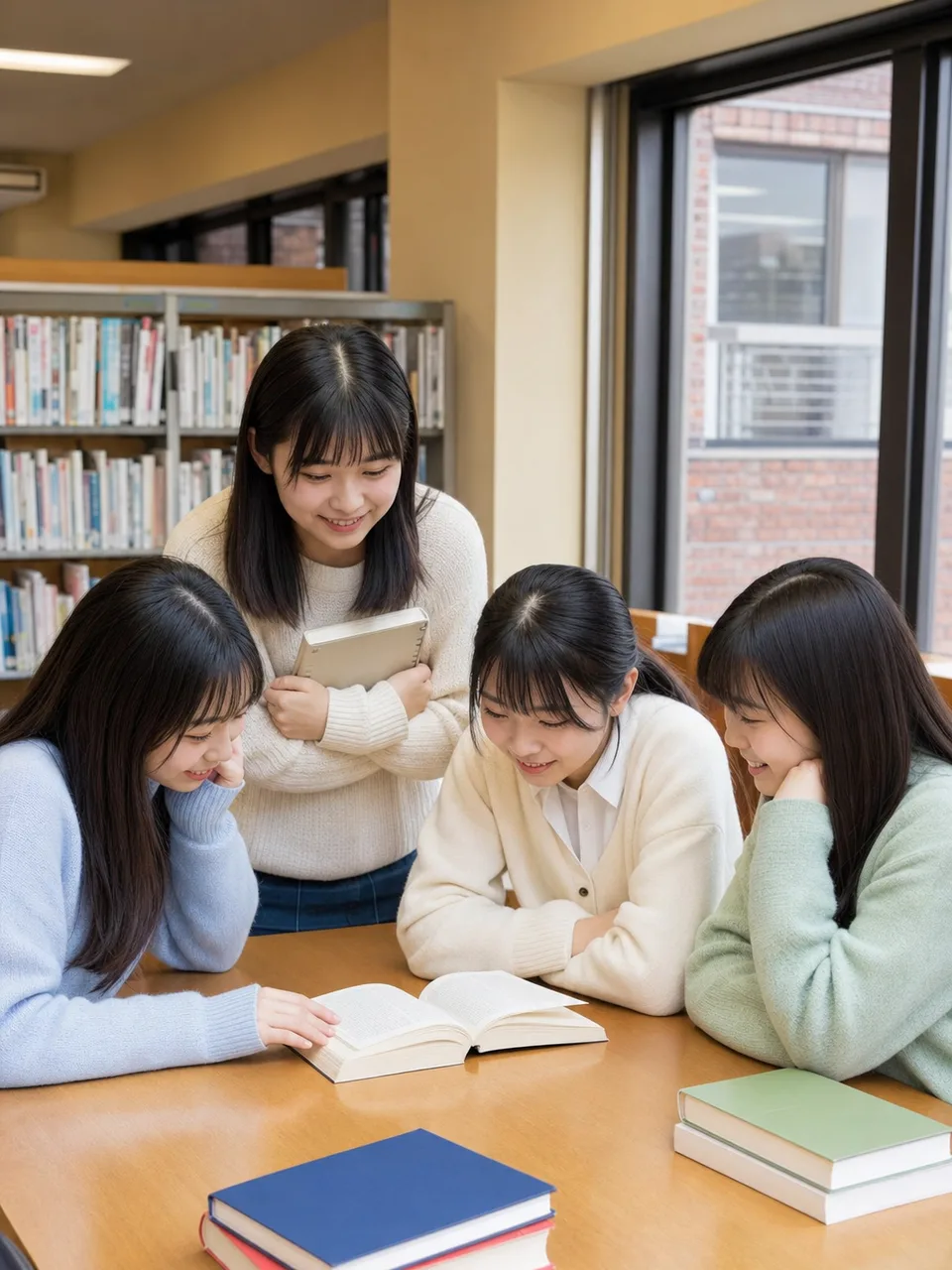 放課後を過ごす日本人女子高校生（自然な縦位置写真）。女子高校生、放課後、友達、青春の記事向け素材です。