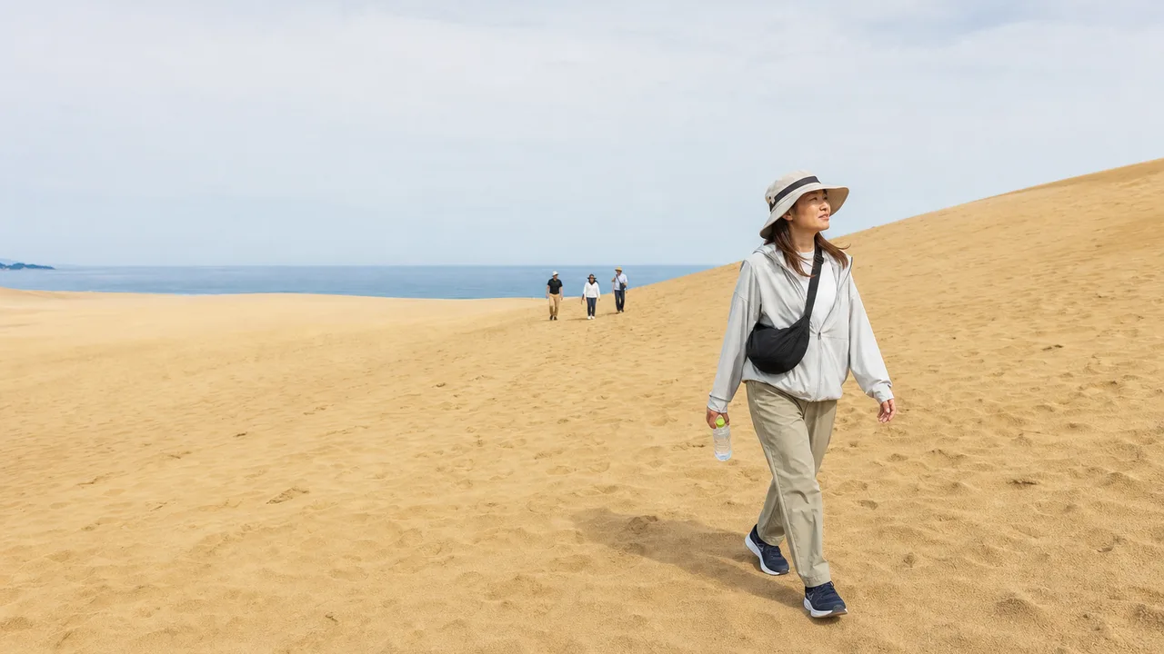 鳥取の砂丘を歩く旅行者（横長・コピースペース）。鳥取旅行、鳥取砂丘、山陰旅行、砂丘の記事や案内に使える商用素材です。