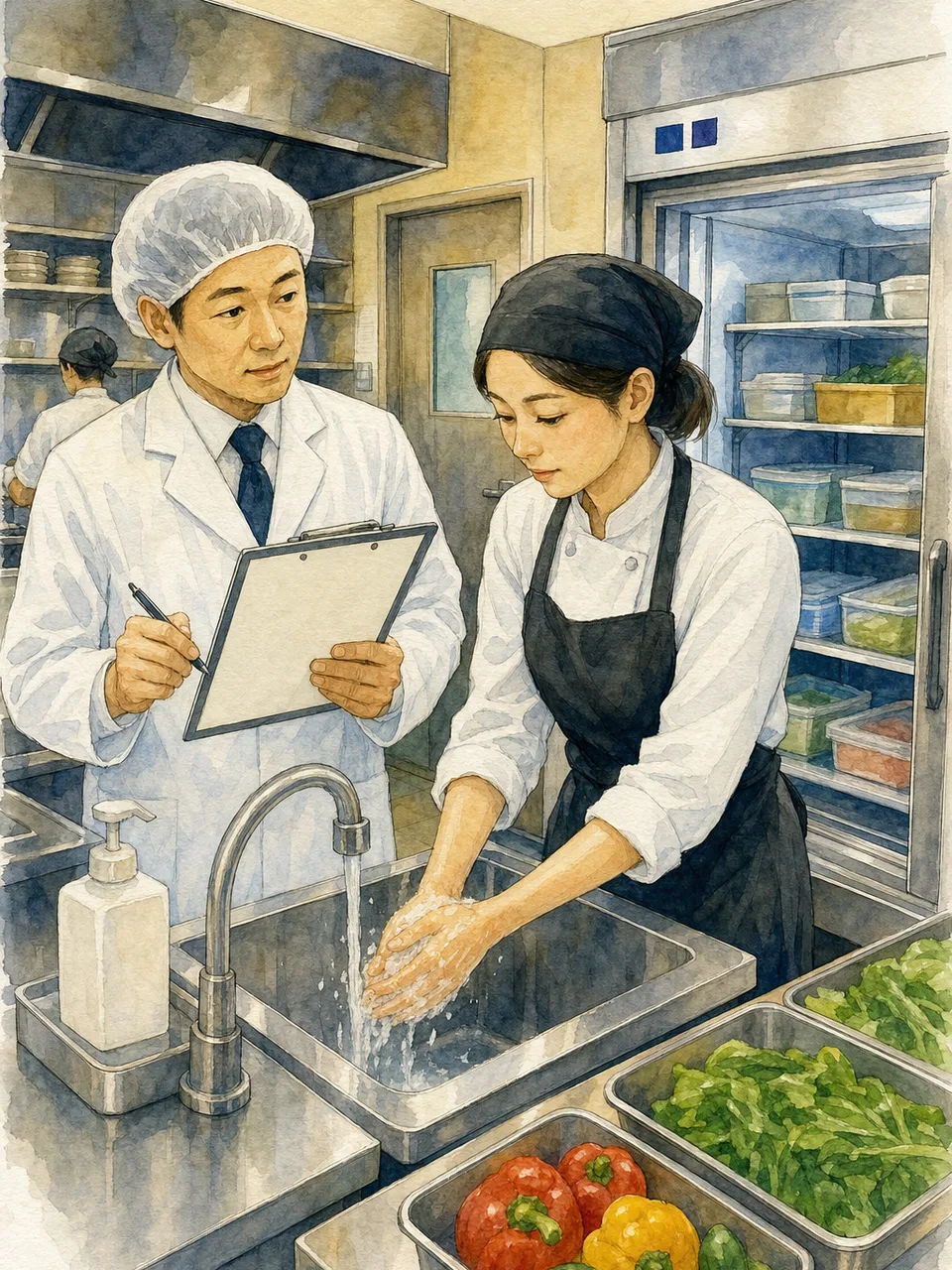 食品衛生を確認する日本人監視員（手描き水彩）。食品衛生監視員、食品衛生、厨房点検、保健所の記事や案内に使える商用素材です。