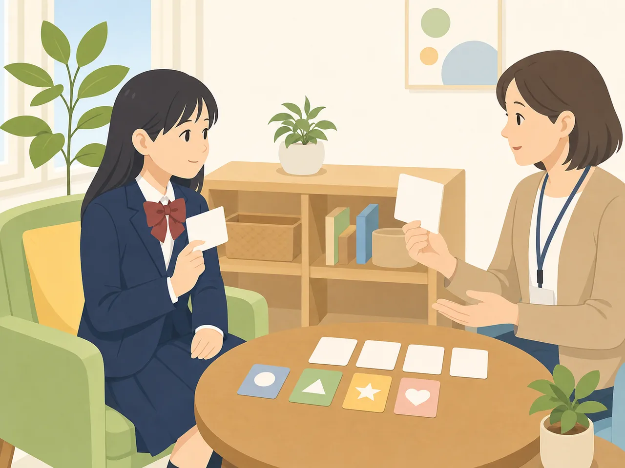 登校の悩みを相談する日本人学生（フラットイラスト）。不登校支援、登校相談、学生支援、教育相談の記事や案内に使える商用素材です。