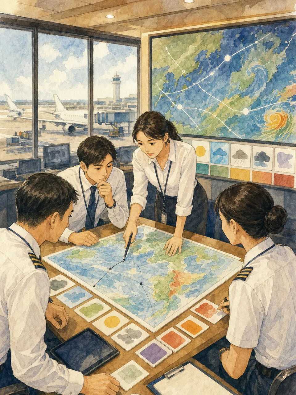 運航計画を確認する日本人ディスパッチャー（手描き水彩）。運航管理者、フライトディスパッチャー、航空、運航計画の記事や案内に使える商用素材です。