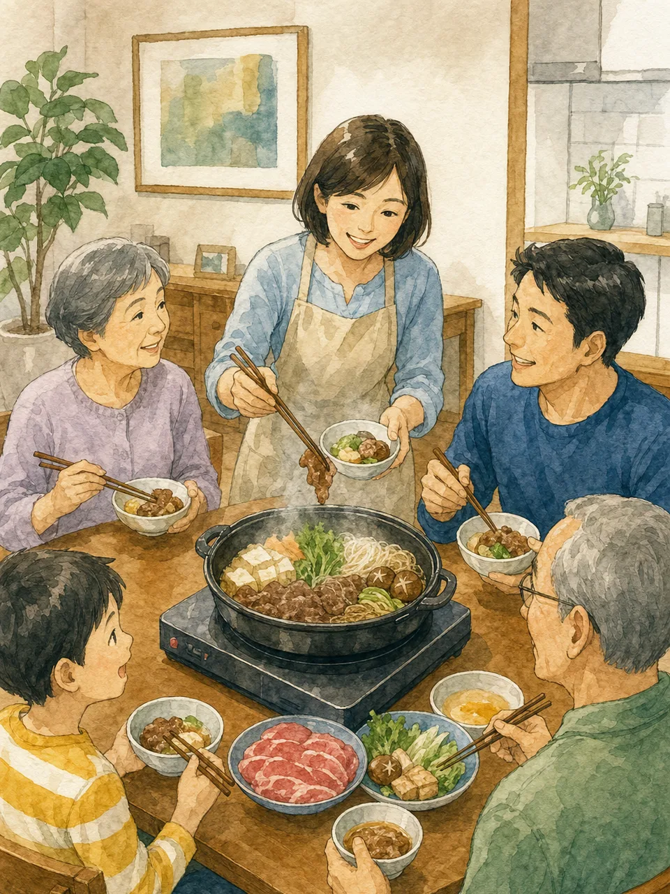 すき焼きを囲む日本人家族（手描き水彩）。すき焼き、家族、鍋料理、日本の食文化の記事向け素材です。