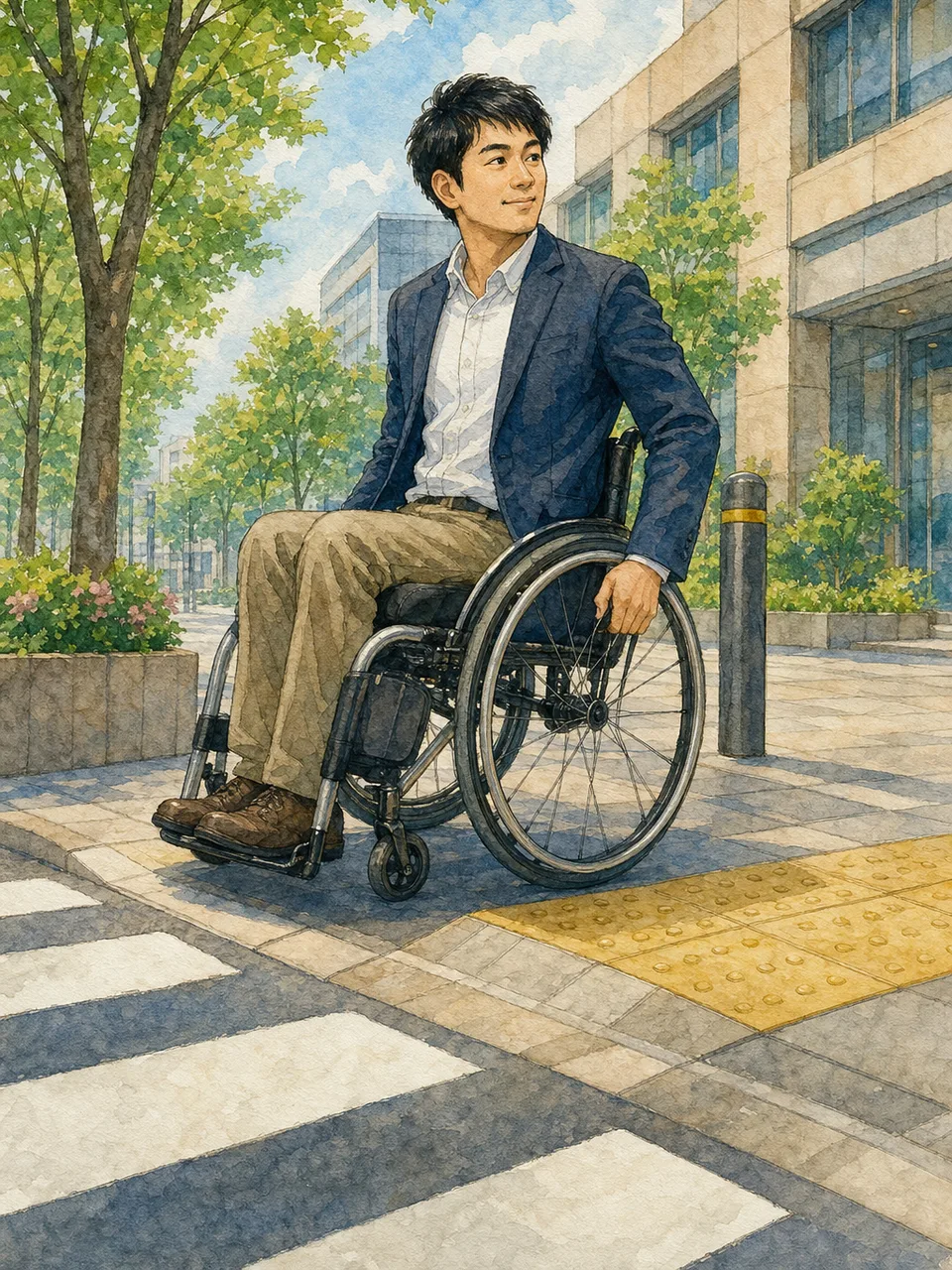 車いすで通勤する日本人（手描き水彩）。車いす通勤、車椅子、バリアフリー、会社員の記事や案内に使える商用素材です。
